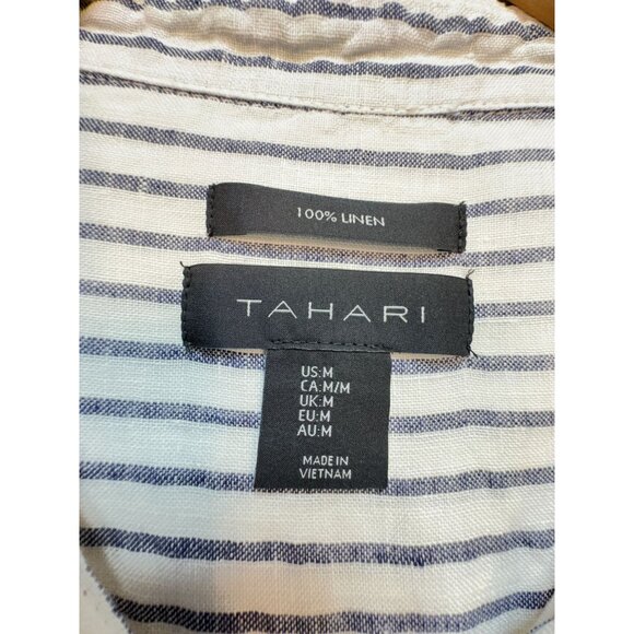 Tahari Womens Stripe Linen Button-Up Shirt Size M Blue White Casual Workwear - Picture 2 of 13